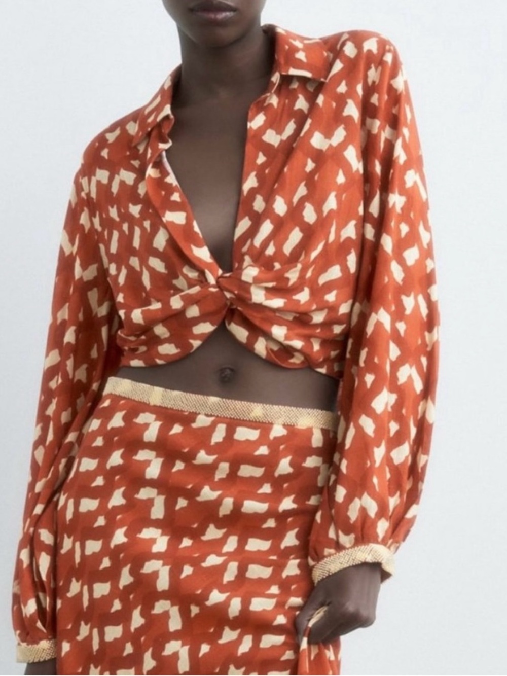 Zara Rust Patterned Button-Front Crop Top - Picture 8 of 15